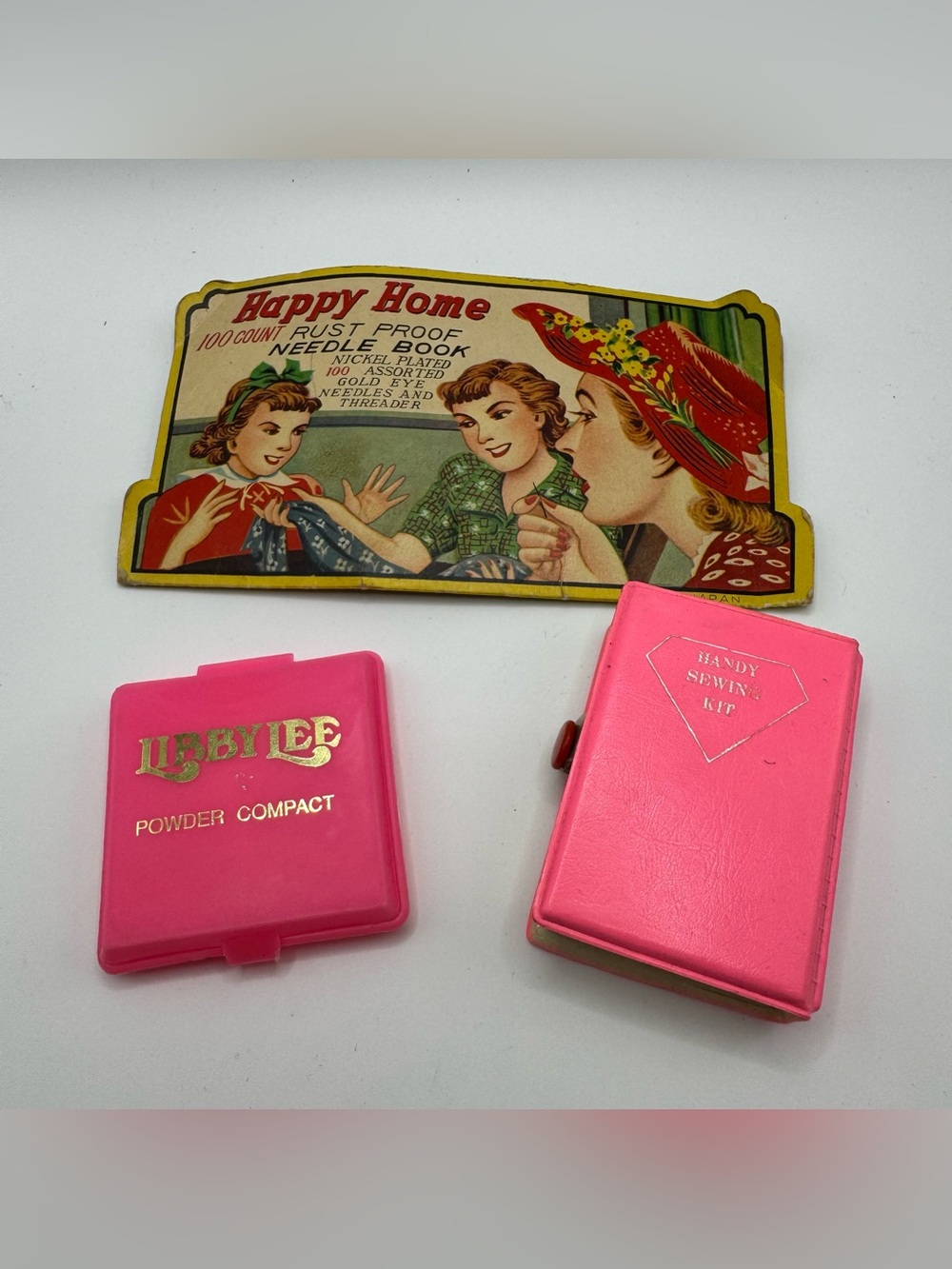 VTG Pink Vanity Craft Lot Libby Lee Powder Compact Sewing Kit Needle Book Decor